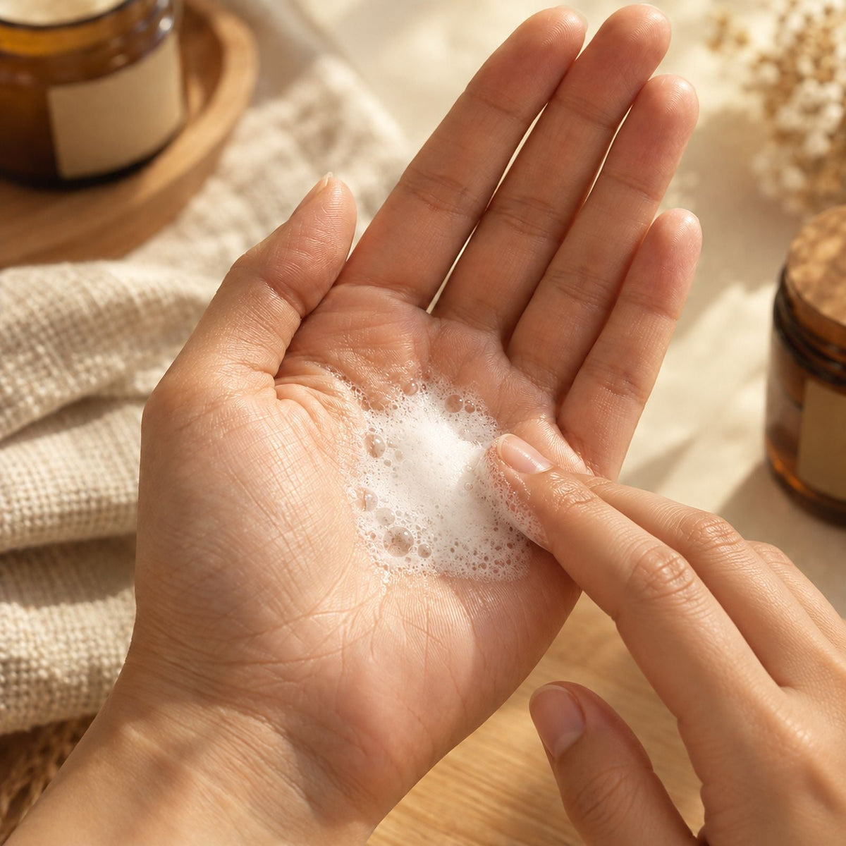 La même gelée transformée en mousse blanche entre les mains