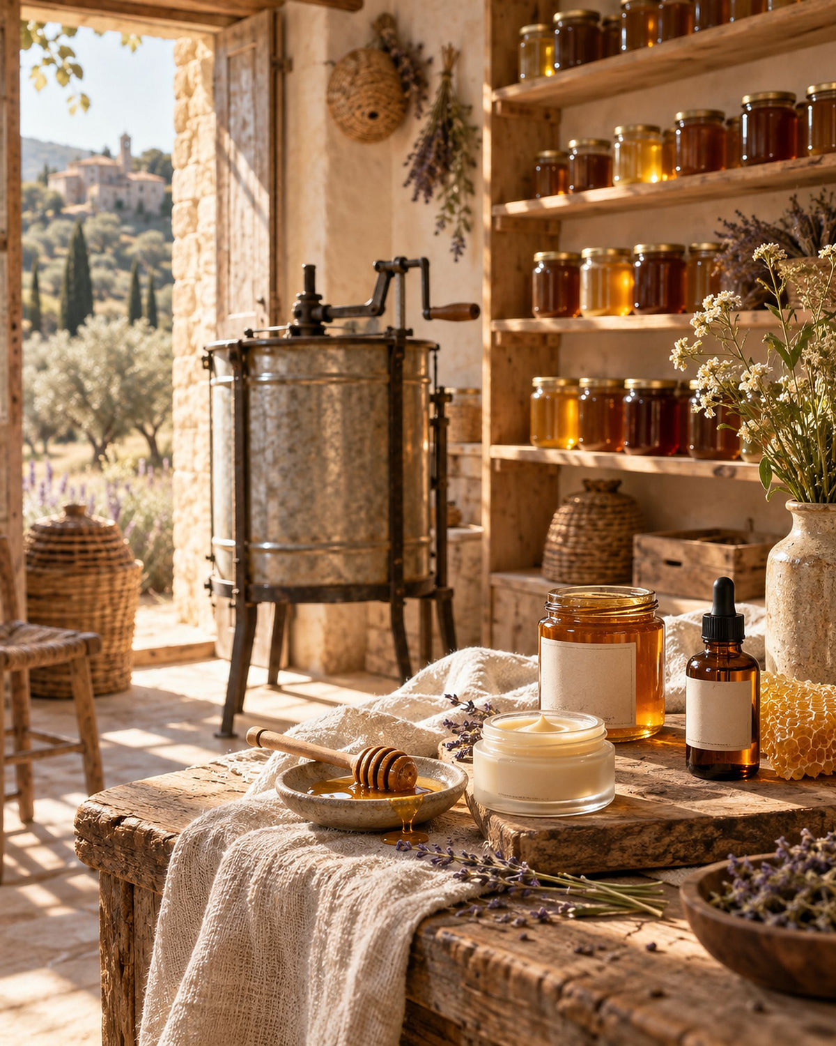Ancienne miellerie familiale, étagères de pots de miel