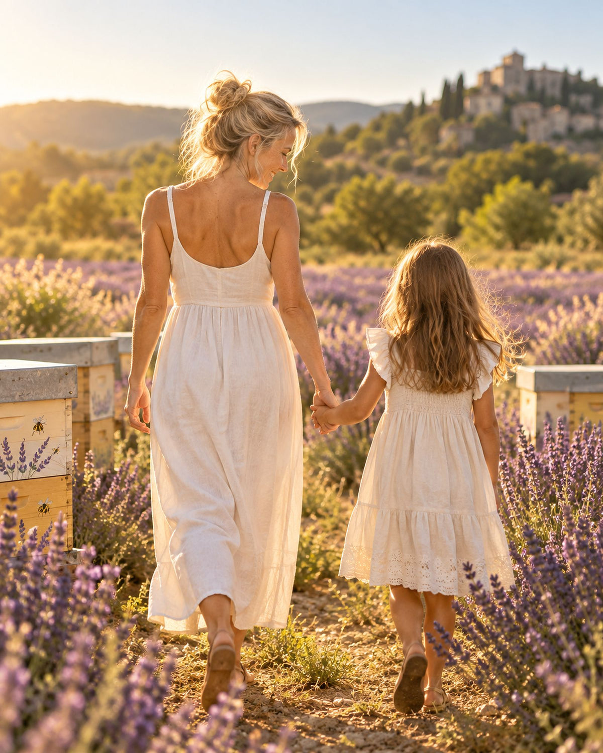 Une petite fille et sa mère marchant entre les ruches et la lavande