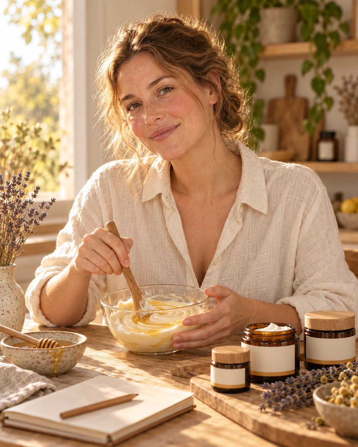 Mains mélangeant une crème au miel sur une table de cuisine