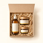 La Routine Essentielle, coffret kraft ouvert avec les trois soins