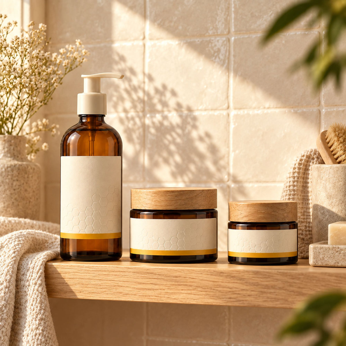 Les trois soins de la routine sur une étagère de salle de bain