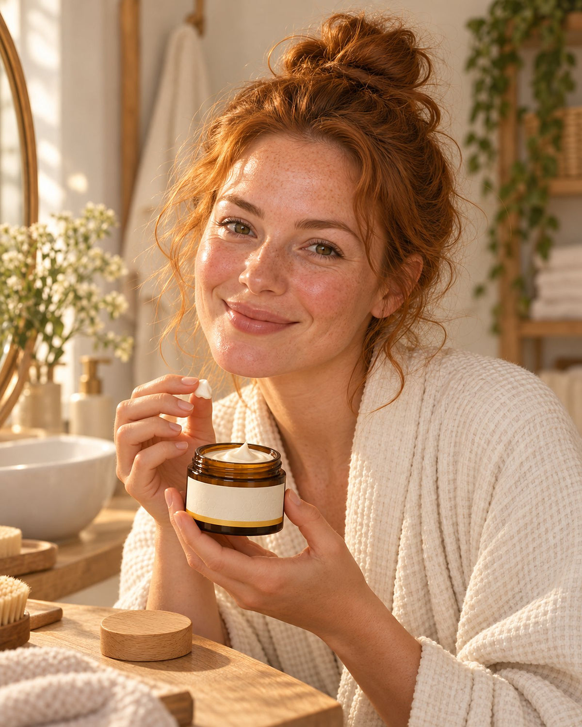 Cliente rousse souriante tenant un pot de crème ouvert